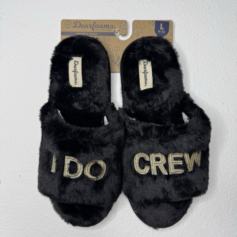 Dearfoams Black Faux Fur "I do Crew" Slide Slippers Womens‎ Size L 9-10 Wedding